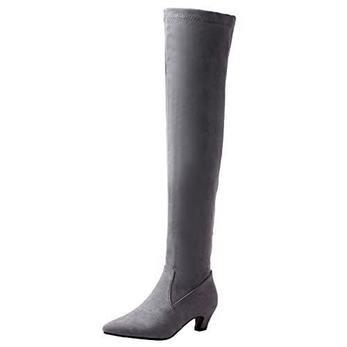 MJIASIAWA Damen Ohne Verschluss Winter Overknees Warm Kitten Heel Stretch Stiefel Kleid Elegant Party Thigh Warm Boots Grau Gr 40 EU/41 Asiatisch von MJIASIAWA