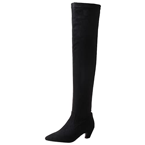 MJIASIAWA Damen Ohne Verschluss Winter Overknees Warm Kitten Heel Stretch Stiefel Kleid Elegant Party Thigh Warm Boots Schwarz Gr 46 EU/48 Asiatisch von MJIASIAWA