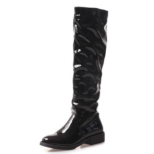MJIASIAWA Damen Ohne Verschluss Winter Slouch Kniehohe Stiefel Low Blockabsatz Mädchen Schuluniform Runde Zehen Komfort Riding Booty Schwarz-Lack Gr 38 EU/39 Asiatisch MJIASIAWA Damen Ohne Verschluss Winter Slouch Kniehohe Stiefel Low Blockabsatz Mädchen Schuluniform Runde Zehen Komfort Riding Booty Schwarz-Lack Gr 38 EU/39 Asiatisch von MJIASIAWA