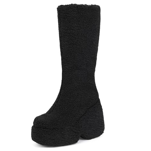 MJIASIAWA Damen Ohne Verschluss Winter Warm Shearling Schneestiefel Plateau Keilabsatz Runde Zehen Mode Knee High Pelzgefüttert Booty Schwarz Gr 40.5 EU/42 Asiatisch von MJIASIAWA
