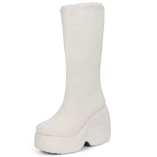 MJIASIAWA Damen Ohne Verschluss Winter Warm Shearling Schneestiefel Plateau Keilabsatz Runde Zehen Mode Knee High Pelzgefüttert Booty Weiß Gr 34 EU von MJIASIAWA