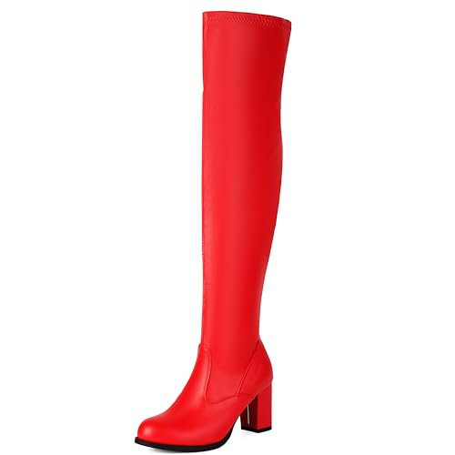 MJIASIAWA Damen Overknees Elegant Blockabsatz Stretch Stiefel Ohne Verschluss Runde Zehen Party Komfort Oberschenkelhohe Stiefel Mode Rot Gr 37 EU/38 Asiatisch von MJIASIAWA