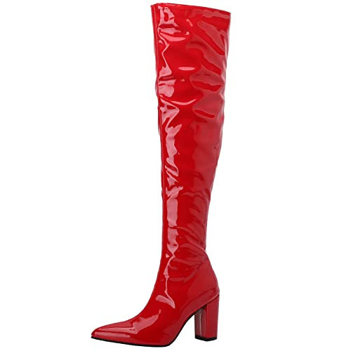 MJIASIAWA Damen Overknees Lack Elegant Party Kleid Pointed Toe Boots Abend Warm Reißverschluss Riding Mode Hochzeit Boots Rot Gr 44 EU/46 Asiatisch von MJIASIAWA