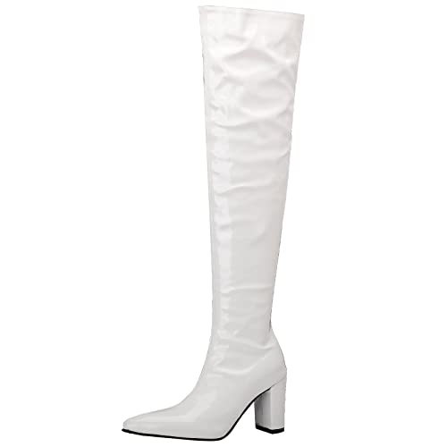 MJIASIAWA Damen Overknees Lack Elegant Party Kleid Pointed Toe Boots Abend Warm Reißverschluss Riding Mode Hochzeit Boots Weiß Gr 40.5 EU/42 Asiatisch von MJIASIAWA