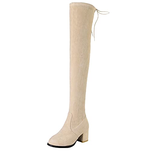 MJIASIAWA Damen Overknees Winter Blockabsatz Mode Stretch Stiefel Winter Warm Party Thigh Ohne Verschluss Kleid Boots Beige Gr 34 EU von MJIASIAWA