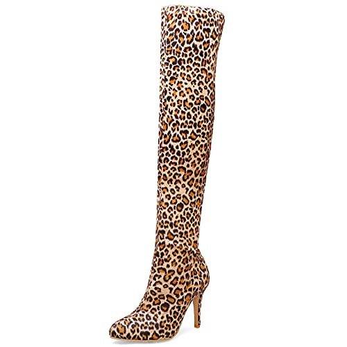MJIASIAWA Damen Overknees Winter Pointed Toe Stiletto Stretch Stiefel Kleid Ohne Verschluss Abend Thigh Leopard Boots Gelb Gr 40 EU/41 Asiatisch von MJIASIAWA