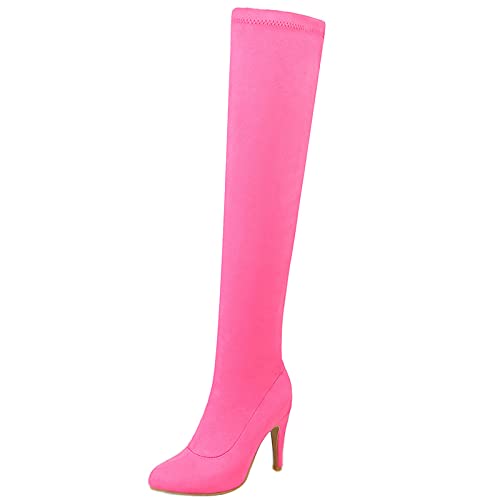 MJIASIAWA Damen Overknees Winter Pointed Toe Stiletto Stretch Stiefel Kleid Ohne Verschluss Abend Thigh Leopard Boots Rose-Rot Gr 45 EU/47 Asiatisch von MJIASIAWA