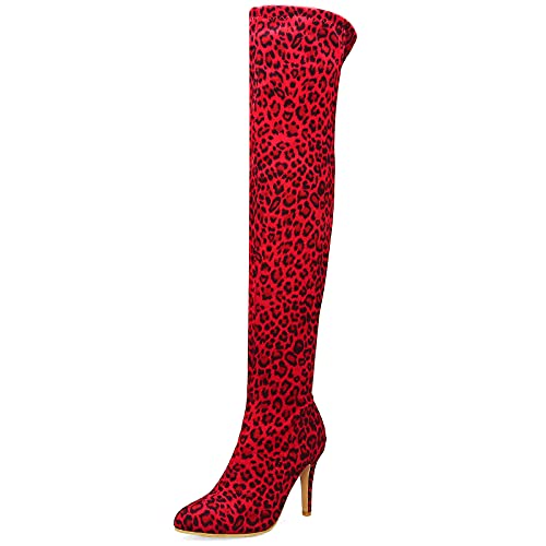 MJIASIAWA Damen Overknees Winter Pointed Toe Stiletto Stretch Stiefel Kleid Ohne Verschluss Abend Thigh Leopard Boots Rot Gr 38 EU/39 Asiatisch von MJIASIAWA