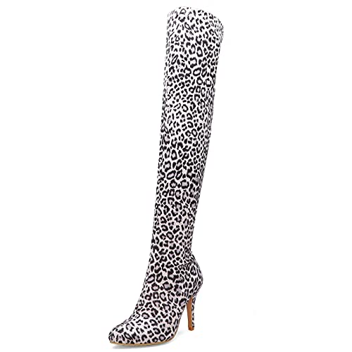 MJIASIAWA Damen Overknees Winter Pointed Toe Stiletto Stretch Stiefel Kleid Ohne Verschluss Abend Thigh Leopard Boots Weiß Gr 38 EU/39 Asiatisch von MJIASIAWA