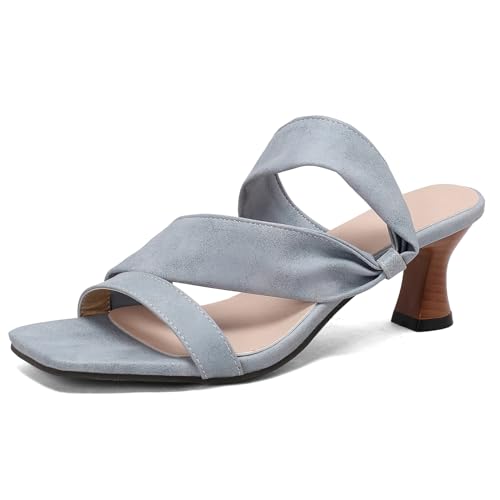 MJIASIAWA Damen Pantoffeln Sommer Mode Kitten Heel Pantoletten Offene Zeh Pantoffeln Party Denim Sandalen Hochzeit Leisure Light-Blau Gr 45 EU/47 Asiatisch von MJIASIAWA