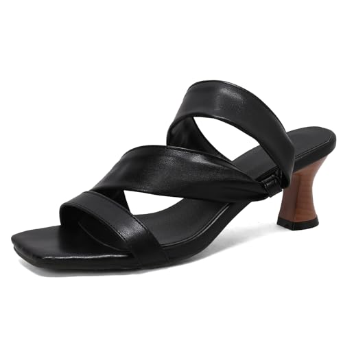 MJIASIAWA Damen Pantoffeln Sommer Mode Kitten Heel Pantoletten Offene Zeh Pantoffeln Party Denim Sandalen Hochzeit Leisure Schwarz Gr 35 Eu von MJIASIAWA