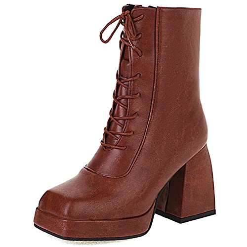 MJIASIAWA Damen Party Chunky Heel Hochzeit Mode Chelsea Plateau Kurzschaft Stiefel Reißverschluss Glitzer Winter Warm Square Toe Motorradstiefel Braun Gr 37 EU/38 Asiatisch von MJIASIAWA