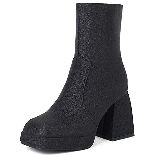 MJIASIAWA Damen Party Chunky Heel Hochzeit Mode Chelsea Plateau Kurzschaft Stiefel Reißverschluss Glitzer Winter Warm Square Toe Motorradstiefel Schwarz Gr 39 EU/40 Asiatisch von MJIASIAWA