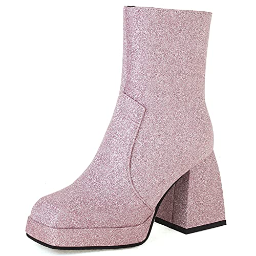 MJIASIAWA Damen Party Chunky Heel Hochzeit Mode Chelsea Plateau Kurzschaft Stiefel Reißverschluss Glitzer Winter Warm Square Toe Motorradstiefel Violett Gr 36 EU von MJIASIAWA