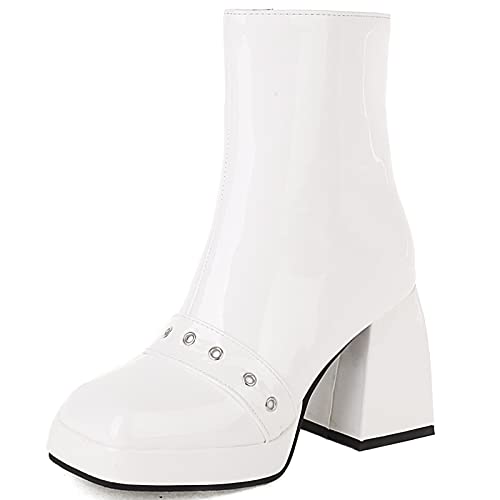 MJIASIAWA Damen Party Chunky Heel Hochzeit Mode Chelsea Plateau Kurzschaft Stiefel Reißverschluss Glitzer Winter Warm Square Toe Motorradstiefel Weiß Gr 40.5 EU/42 Asiatisch von MJIASIAWA