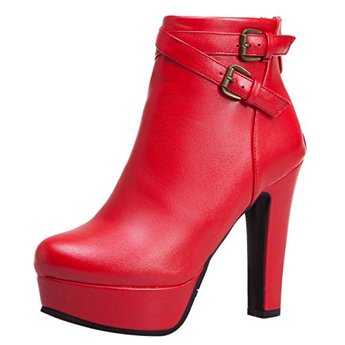 MJIASIAWA Damen Party Höhe Ferse Winter Plateau Mode Stiefeletten Reißverschluss Riding Warm Blockabsatz Party Runde Zehen Motorradstiefel Rot Gr 44 EU/46 Asiatisch von MJIASIAWA