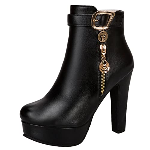 MJIASIAWA Damen Party Höhe Ferse Winter Plateau Mode Stiefeletten Reißverschluss Riding Warm Blockabsatz Party Runde Zehen Motorradstiefel Schwarz Gr 48 EU/50 Asiatisch von MJIASIAWA