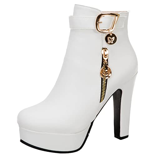MJIASIAWA Damen Party Höhe Ferse Winter Plateau Mode Stiefeletten Reißverschluss Riding Warm Blockabsatz Party Runde Zehen Motorradstiefel Weiß Gr 39 EU/40 Asiatisch von MJIASIAWA