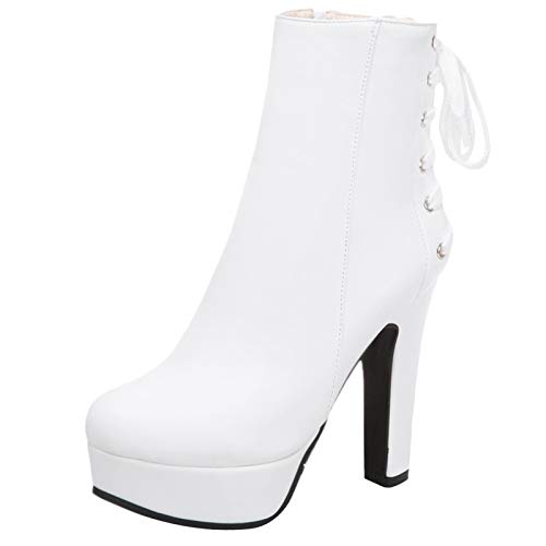 MJIASIAWA Damen Party Höhe Ferse Winter Plateau Mode Stiefeletten Reißverschluss Riding Warm Blockabsatz Party Runde Zehen Motorradstiefel Weiß Gr 39 EU/40 Asiatisch von MJIASIAWA