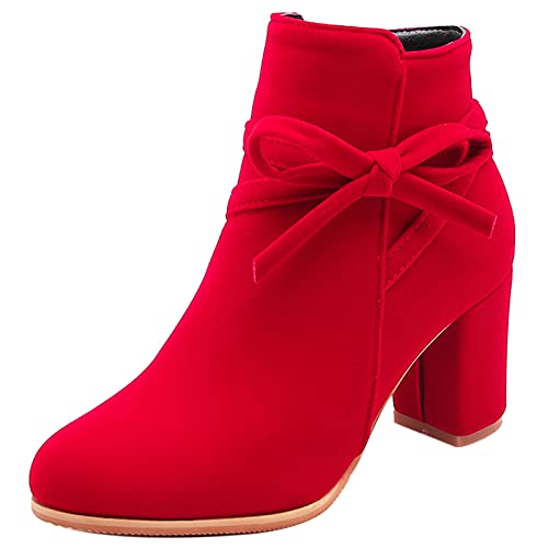 MJIASIAWA Damen Party Hohen Blockabsatz Chelsea Reißverschluss Winter Stiefeletten Bows Bridesmaid Elegant Kleid Warm Boots Rot Gr 47 EU/49 Asiatisch von MJIASIAWA