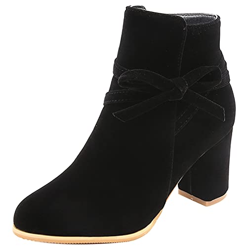 MJIASIAWA Damen Party Hohen Blockabsatz Chelsea Reißverschluss Winter Stiefeletten Bows Bridesmaid Elegant Kleid Warm Boots Schwarz Gr 50 EU/52 Asiatisch von MJIASIAWA