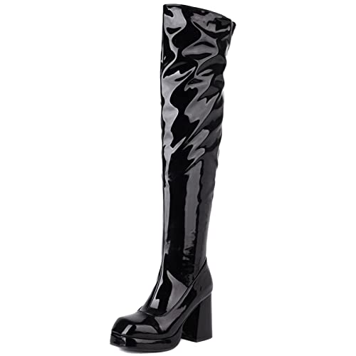 MJIASIAWA Damen Party Overknees Mode Chunky Heel Plateau Warm Lack Prom Boots Kleid Winter Abend Reitstiefel Reißverschluss Schwarz Gr 40.5 EU/42 Asiatisch von MJIASIAWA