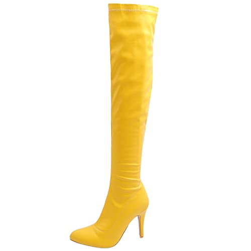 MJIASIAWA Damen Party Overknees Mode Stiletto Stretch Stiefel Warm Kleid Prom Prom Hochzeit Höhe Ferse Winterstiefel Gelb Gr 41 EU/43 Asiatisch von MJIASIAWA