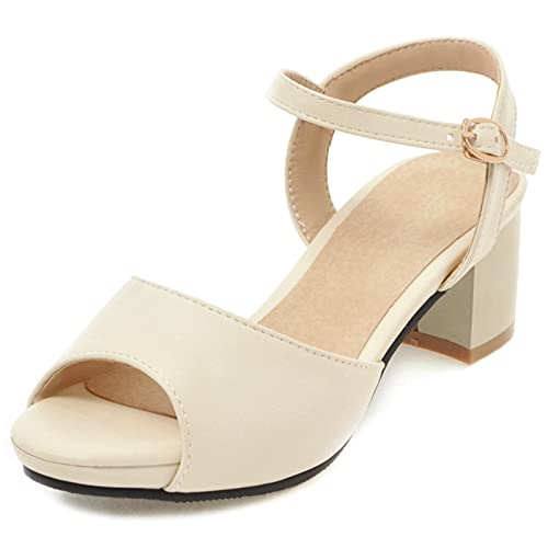 MJIASIAWA Damen Peep Toe Block Mitte Absatz Hochzeit Komfort Plateau Sandalen Bows Blockabsatz Elegant Party Bridesmaid Schuhe Beige Gr 35 EU von MJIASIAWA