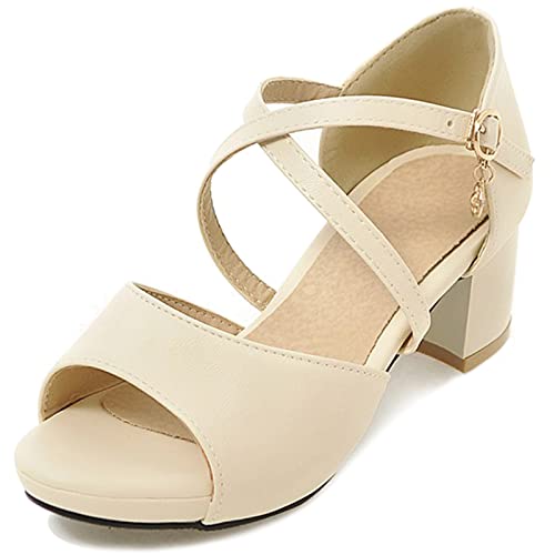 MJIASIAWA Damen Peep Toe Block Mitte Absatz Hochzeit Komfort Plateau Sandalen Bows Blockabsatz Elegant Party Bridesmaid Schuhe Beige Gr 42 EU/44 Asiatisch von MJIASIAWA