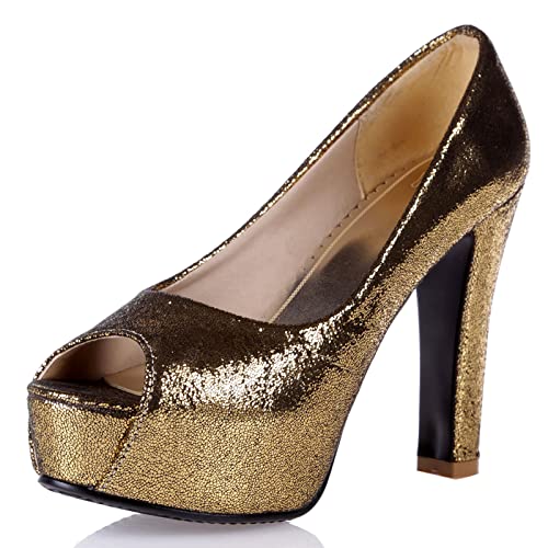 MJIASIAWA Damen Peep Toe Hohen Blockabsatz Pumps Kleid Ohne Verschluss Elegant Slingback Plateau Abend Party Schuhe Gold Gr 46 EU/48Cn Asiatisch von MJIASIAWA