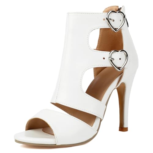 MJIASIAWA Damen Peep Toe Klassischer Stiletto Romisch Sandalen Schnüren Sommer Stiefeletten Schnalle Mode Reißverschluss Schuhe Weiß Gr 46 EU/48 Asiatisch von MJIASIAWA