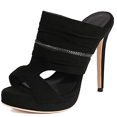 MJIASIAWA Damen Peep Toe Mode Pantoletten Stiletto Plateau Sandalen Ohne Verschluss Sommer Draußen Pantoffeln Elegant Party Schuhe Schwarz Gr 41 EU/43 Asiatisch von MJIASIAWA
