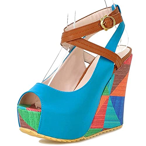 MJIASIAWA Damen Peep Toe Mode Slingback Keilabsatz Plateau Slingback Pumps Höhe Ferse Party Knöchelriemchen Pumps Blau Gr 34 EU von MJIASIAWA