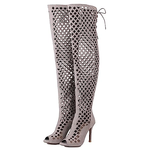 MJIASIAWA Damen Peep Toe Overknees Gladiator Sandalen Boots Cut Out Sommer Stiletto Reißverschluss Overknees Stiefel Grau Gr 41 EU/43 Asiatisch von MJIASIAWA