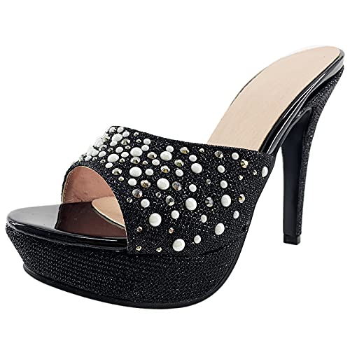 MJIASIAWA Damen Peep Toe Pantoletten Sandalen Stiletto Sommer Plateau Pantoffeln Sequins Party Hochzeit Höhe Ferse Pantoffeln Schwarz Gr 41 EU/43 Asiatisch von MJIASIAWA