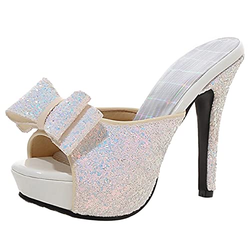 MJIASIAWA Damen Peep Toe Pantoletten Sandalen Stiletto Sommer Plateau Pantoffeln Sequins Party Hochzeit Höhe Ferse Pantoffeln Weiß Gr 40.5 EU/42 Asiatisch von MJIASIAWA