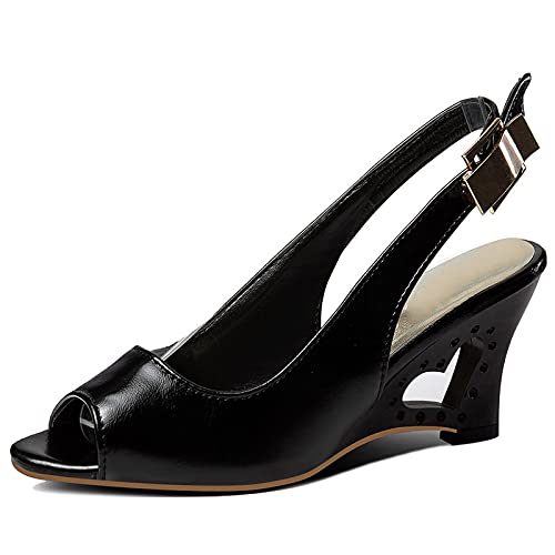 MJIASIAWA Damen Peep Toe Slingback Schuhe Keilabsatz Sandalen Bridesmaids Hochzeit Elegant Höhe Ferse Schnalle Kleid Schuhe Schwarz Gr 41 EU/43 Asiatisch MJIASIAWA Damen Peep Toe Slingback Schuhe Keilabsatz Sandalen Bridesmaids Hochzeit Elegant Höhe Ferse Schnalle Kleid Schuhe Schwarz Gr 41 EU/43 Asiatisch von MJIASIAWA
