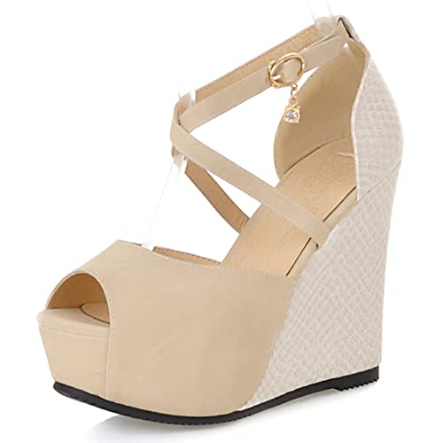 MJIASIAWA Damen Peep Toe Sommer Knöchelriemchen Keilabsatz Sandalen Komfort Höhe Ferse Prom Plateau Schuhe Beige Gr 36 EU von MJIASIAWA