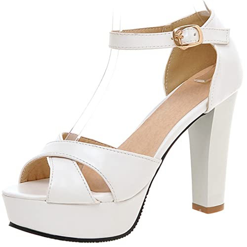 MJIASIAWA Damen Peep Toe Sommer Knöchelriemchen Plateau Sandalen Bride Hohen Blockabsatz Hochzeit Mode Kleid Schuhe Party Heel Weiß Gr 33 EU von MJIASIAWA