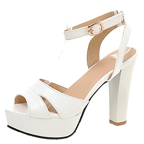 MJIASIAWA Damen Peep Toe Sommer Knöchelriemchen Plateau Sandalen Bride Hohen Blockabsatz Hochzeit Mode Kleid Schuhe Party Heel Weiß Gr 36 EU von MJIASIAWA
