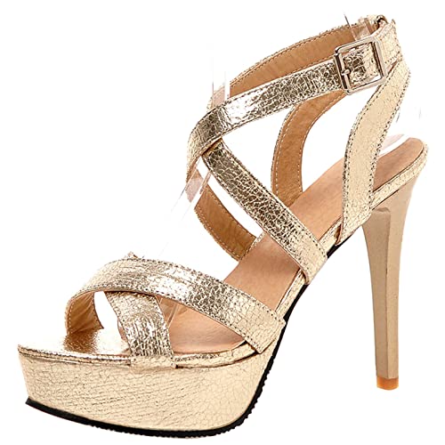 MJIASIAWA Damen Peep Toe Strappy Gladiator Stiletto Party Sandalen Sommer Höhe Ferse Annkle Strap Plateau Schuhe Heel Gold Gr 34 EU von MJIASIAWA