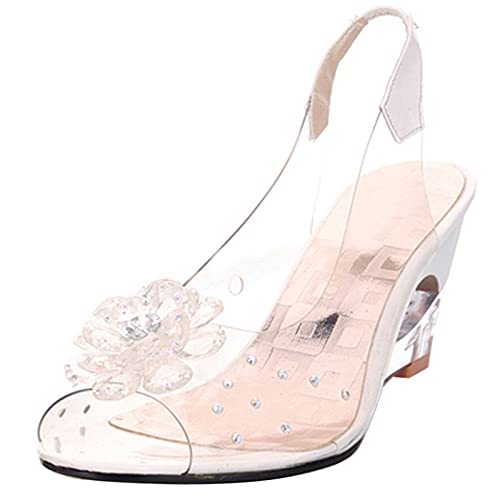 MJIASIAWA Damen Peep Toe Transparent Slingback Sandalen Mit Blumes Hochzeit Höhe Ferse Ohne Verschluss Kleid Sommer Party Schuhe Beige Gr 40 EU/41 Asiatisch von MJIASIAWA