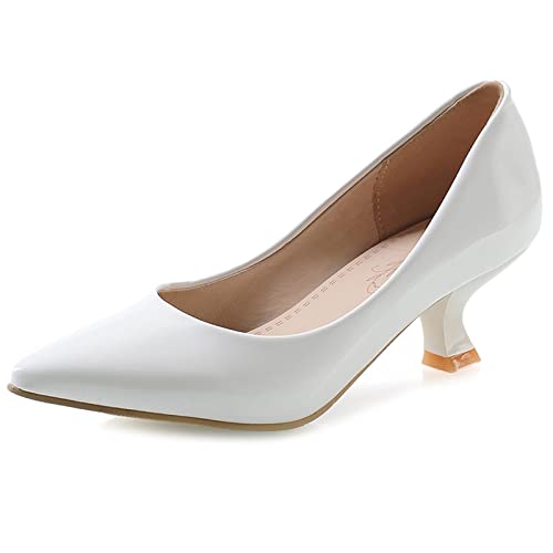 MJIASIAWA Damen Pointed Toe Abend Bridal Buro Kitten Heel Pumps Ohne Verschluss Formal Kleid Mitte Absatz Pumps Party Weiß Gr 37 EU/38 Asiatisch von MJIASIAWA