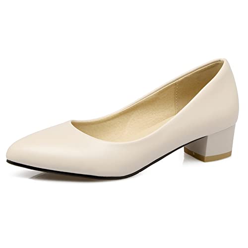 MJIASIAWA Damen Pointed Toe Arbeit Block Mitte Absatz Pumps Kleid Solid Color Business Ohne Verschluss Buro Pumps Beige Gr 46 EU/48 Asiatisch von MJIASIAWA