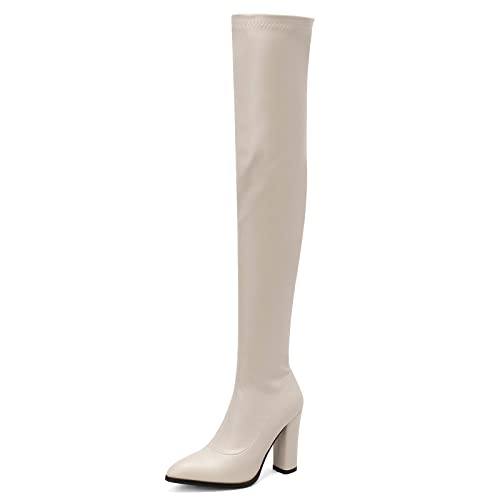 MJIASIAWA Damen Pointed Toe Blockabsatz Stylish Overknees Stretch Stiefel Abend Thigh Formal Elastisch Lang Boots Beige Gr 41 EU/43 Asiatisch von MJIASIAWA