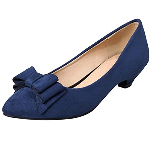 MJIASIAWA Damen Pointed Toe Buro Arbeit Comfy Ohne Verschluss Kitten Heel Pumps Formal Kleid Abend Niedrige Absatz Schuhe Bows Blau Gr 34 EU von MJIASIAWA
