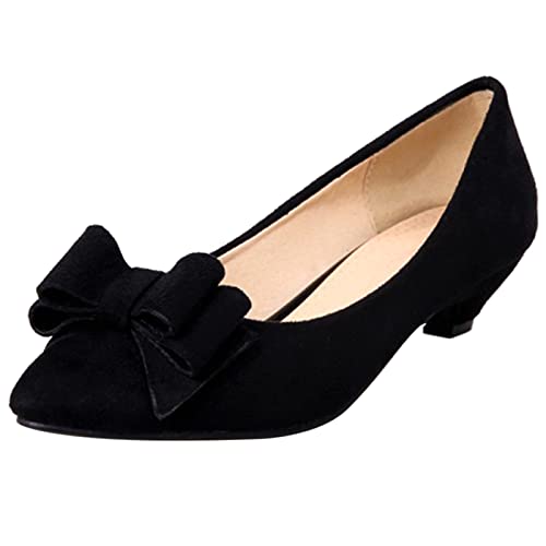MJIASIAWA Damen Pointed Toe Buro Arbeit Comfy Ohne Verschluss Kitten Heel Pumps Formal Kleid Abend Niedrige Absatz Schuhe Bows Schwarz Gr 32 EU von MJIASIAWA