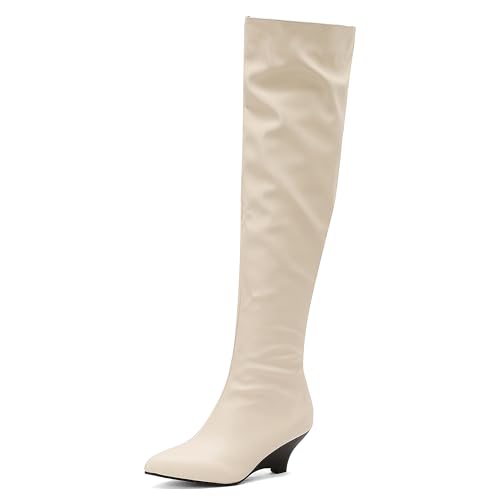 MJIASIAWA Damen Pointed Toe Elegant Keilabsatz Overknee Stiefel Ohne Verschluss Winter Mode Warm Riding Booty Thigh Beige Gr 38 EU/39 Asiatisch von MJIASIAWA