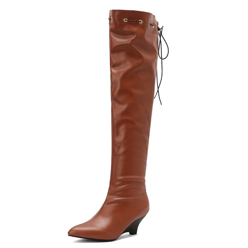 MJIASIAWA Damen Pointed Toe Elegant Keilabsatz Overknee Stiefel Ohne Verschluss Winter Mode Warm Riding Booty Thigh Braun Gr 42 EU/44 Asiatisch von MJIASIAWA