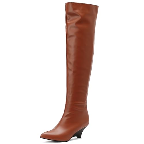 MJIASIAWA Damen Pointed Toe Elegant Keilabsatz Overknee Stiefel Ohne Verschluss Winter Mode Warm Riding Booty Thigh Braun Gr 43 EU/45 Asiatisch von MJIASIAWA